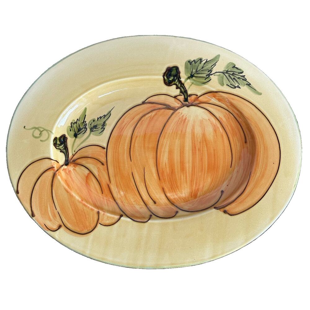 Williams Sonoma Fall Harvest Pumpkin Hand Painted Oval Serving Platter Italy